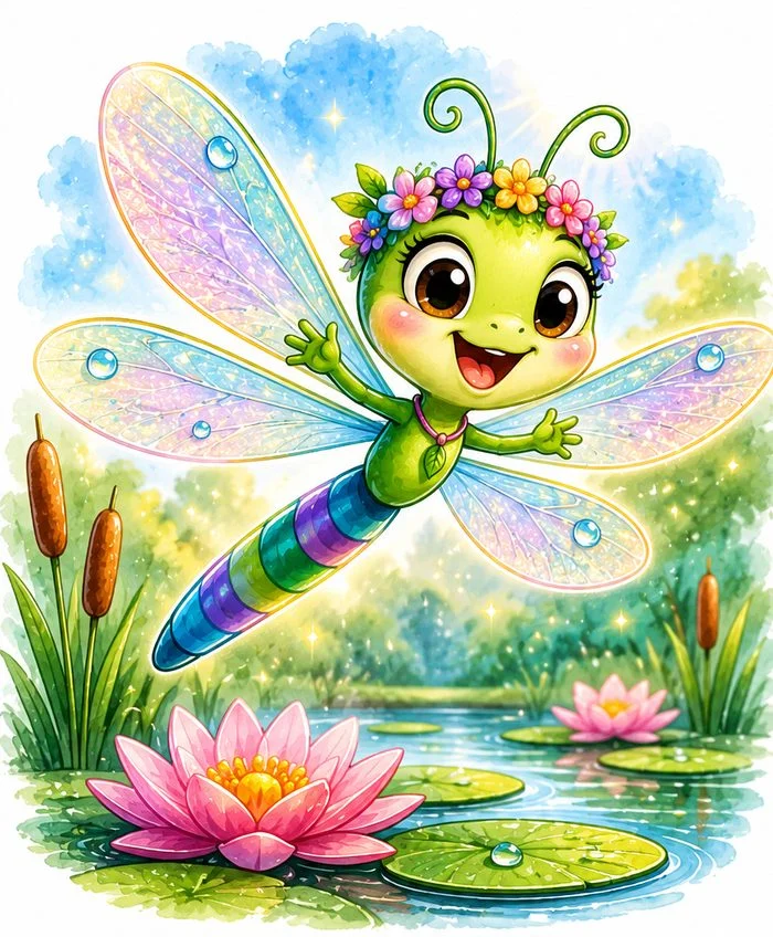 Dottie the Dragonfly, with sparkling wings and a flower crown