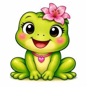 Lily the Frog, a gentle young frog with a pink flower behind her ear and a heart necklace