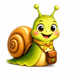 Miley the Snail, wearing a little scarf and carrying a small satchel