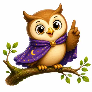 Owly the Owl, wearing a starry night cape and perched on a mossy branch
