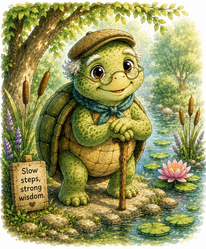 Gregory the Old Turtle, wearing spectacles and carrying a walking stick