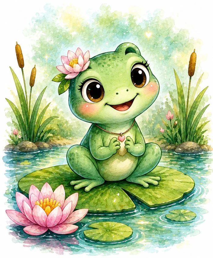 Lily the Frog, a gentle young frog with a flower behind her ear, sitting on a lily pad