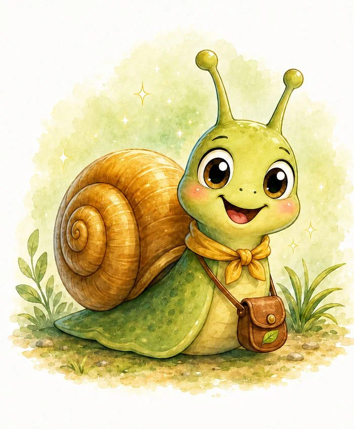 Miley the Snail, wearing a little scarf and a small satchel