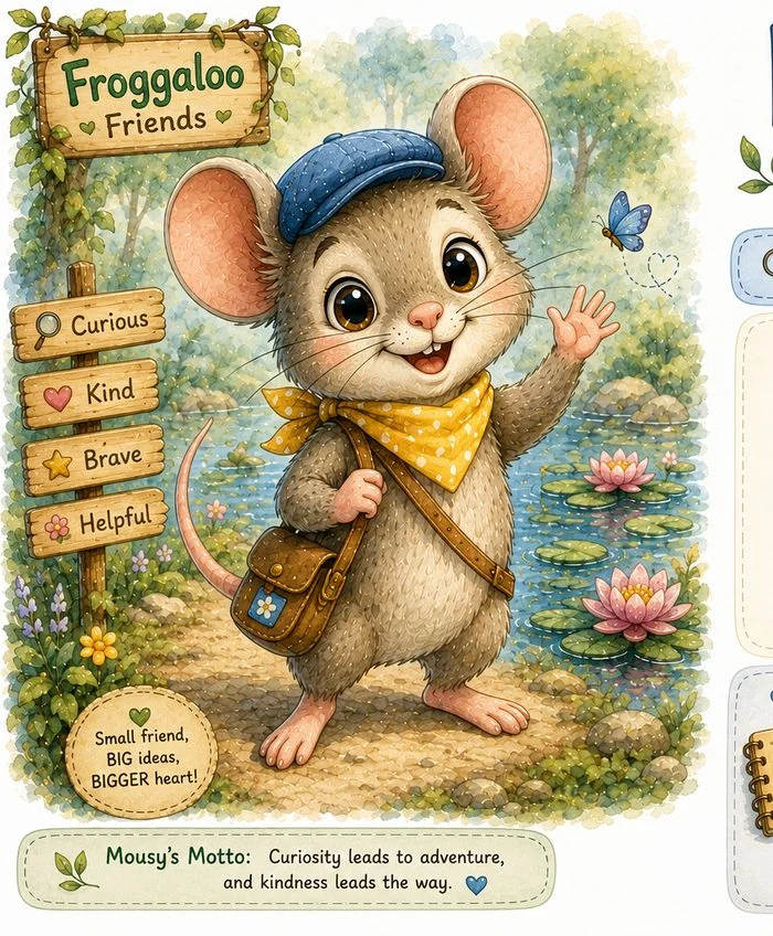 Mousy the Mouse, small and thoughtful, carrying a little pouch
