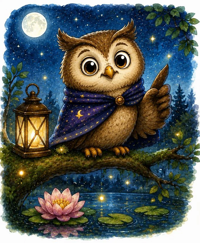 Owly the Owl, wide-eyed and gentle, perched and watchful