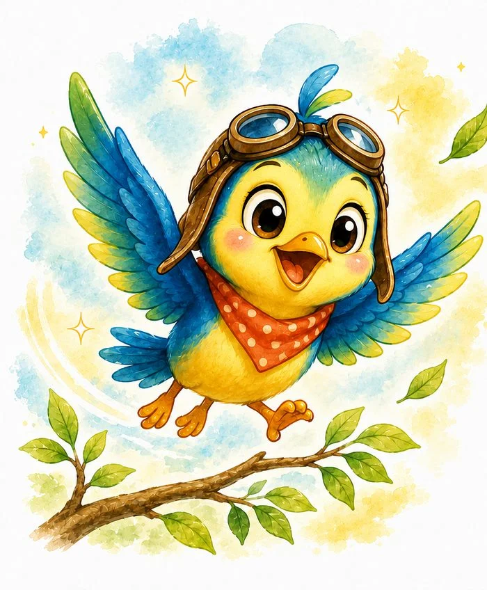 Pippy the Bird, mid-flight with bright, excited eyes