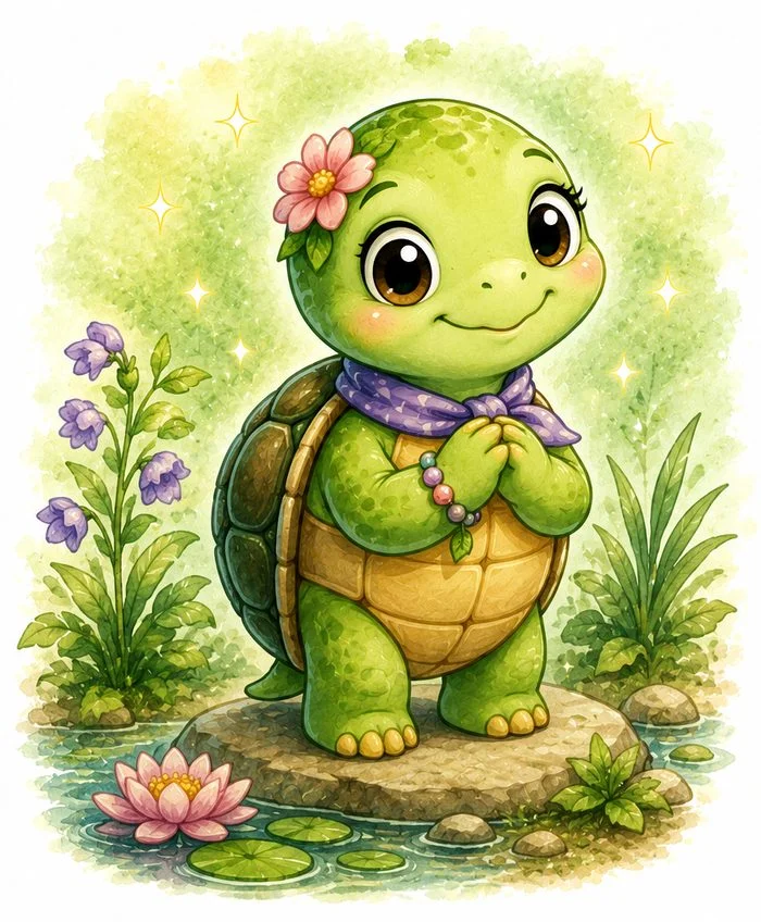 Tilly the Turtle, warm-eyed and gentle, with a soft smile