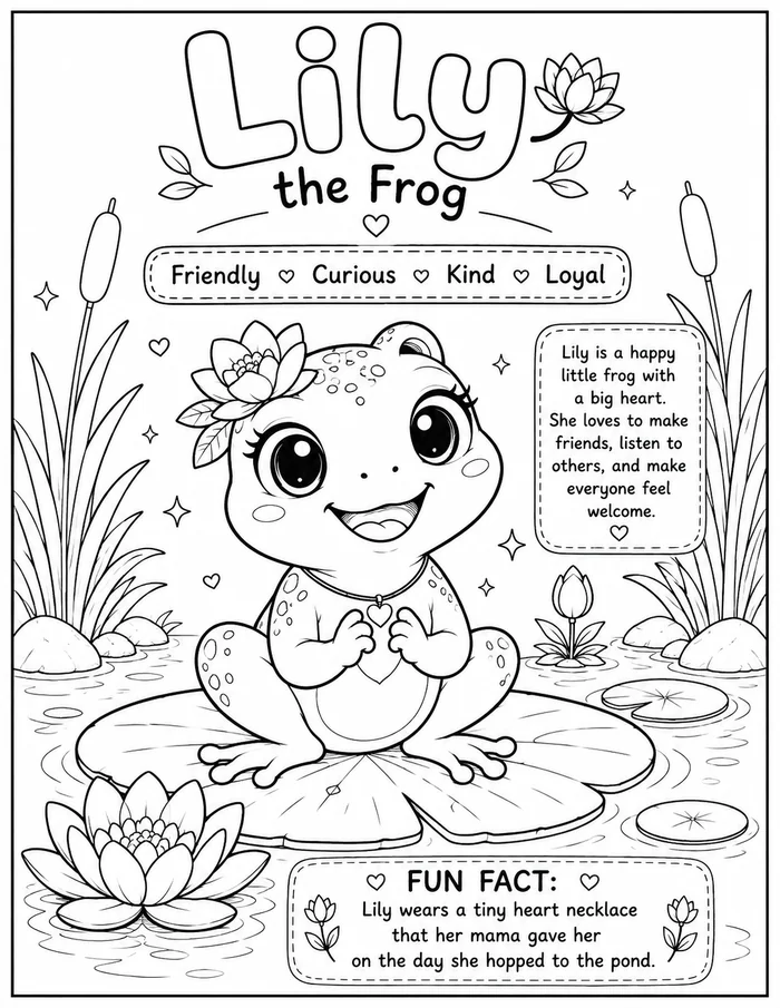 Coloring page preview of Lily the Frog, ready to color