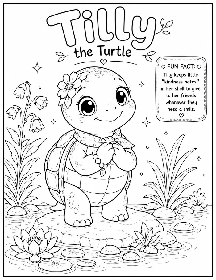 Coloring page preview of Tilly the Turtle, ready to color