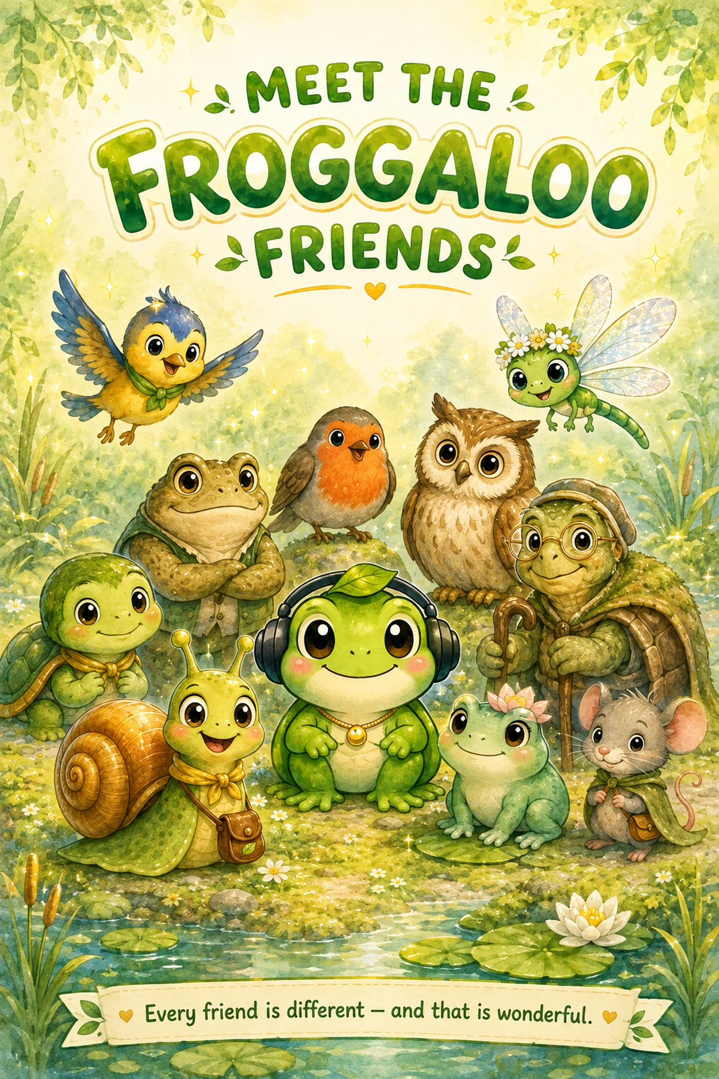 Froggy and all the Froggaloo friends together beside the pond.